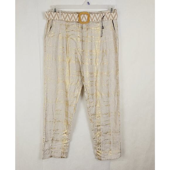 Linen Made in Italy Tan Metallic Gold Pull-On Ankle Pants Resort Glam Size 31 - Picture 1 of 10